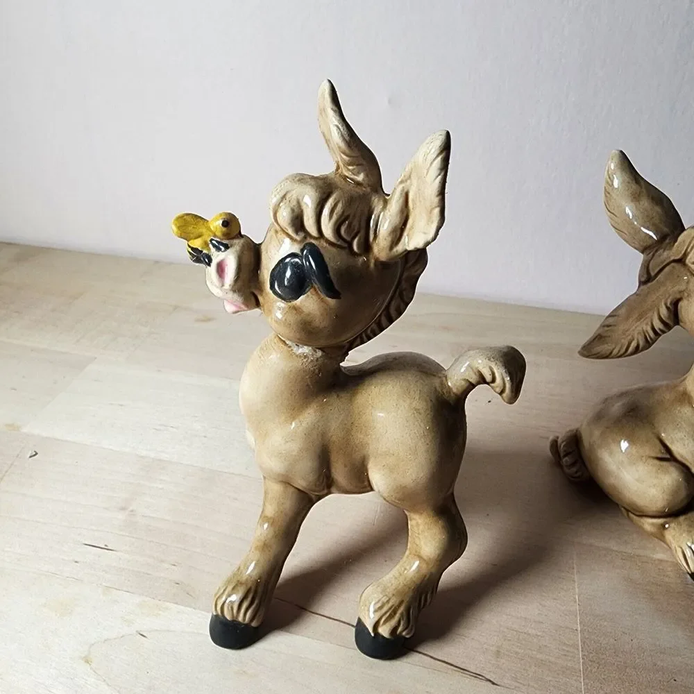 Cute VTG Pair Of Ceramic Donkey Figurines One With Bee (Repaired) KEYSTONE Japan